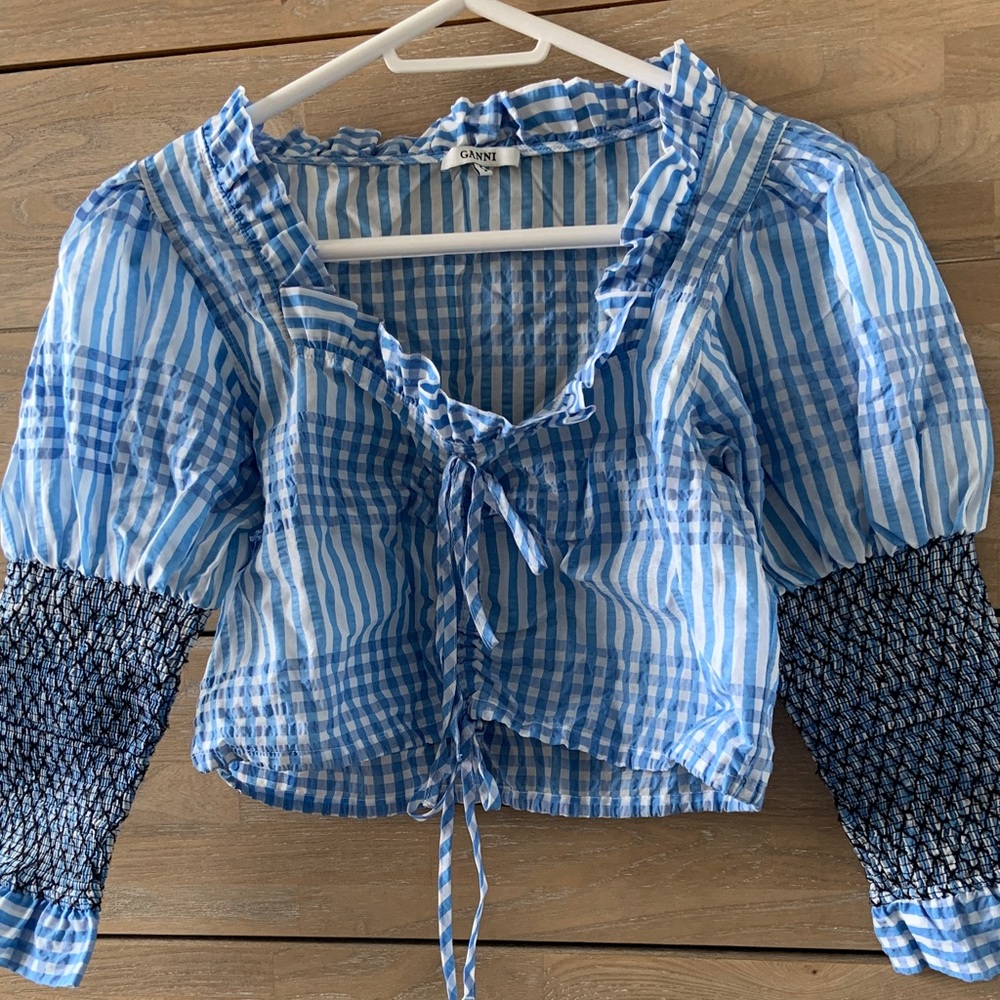 Ganni Blue Striped Ruffle Blouse - Picture 3 of 6